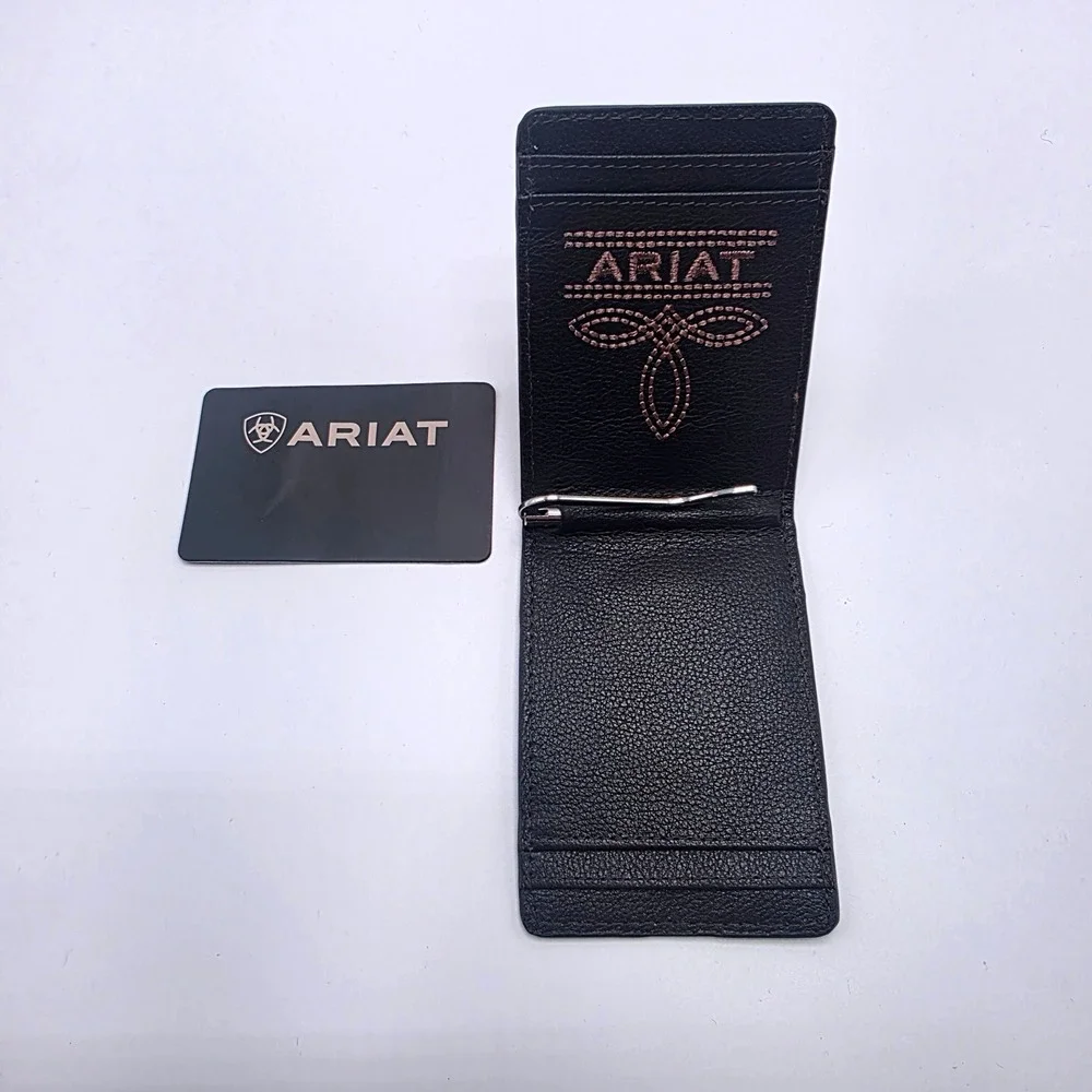 Ariat Mens Distressed Brown Leather American Flag Bifold Money Clip Wallet